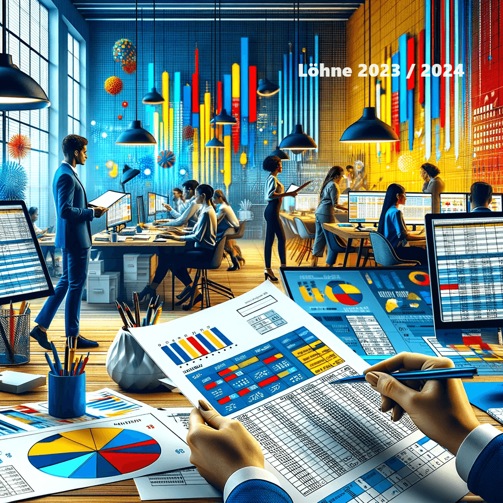 Office scene focusing on payroll processing with a vibrant color scheme of blue, red, and yellow_s.png