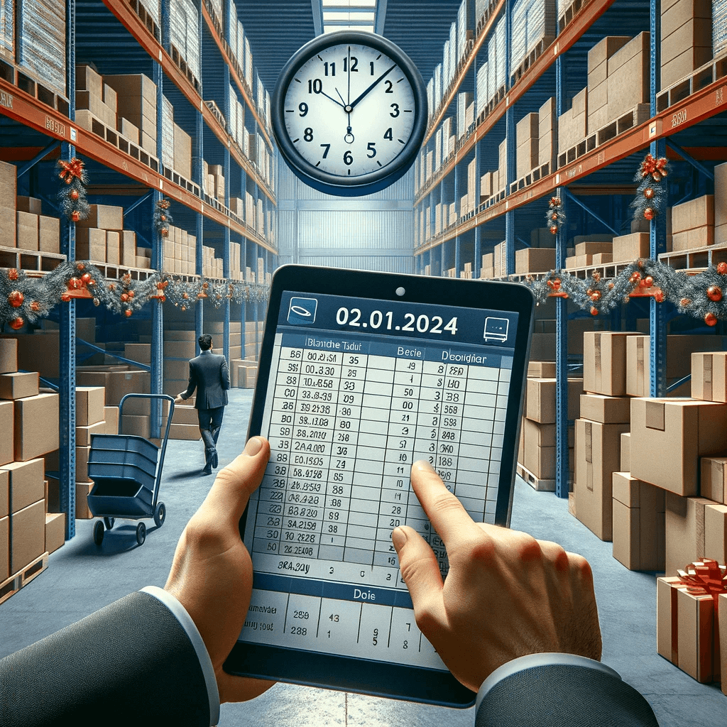 Warehouse scene symbolizing-the-end-of-the-year-a-person-using-digital-tablet